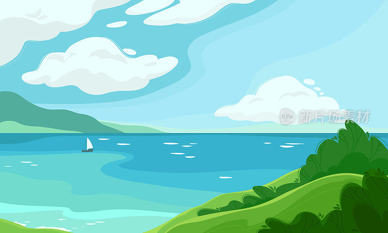 Seascape with clouds, mountains and sailing ship. Vector colorful illustration on the marine theme.